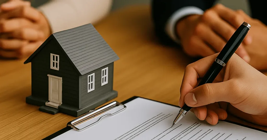 Três pessoas analisando documentos em uma reunião jurídica sobre usucapião extraordinária, representando o processo de regularização de imóveis com apoio profissional.
