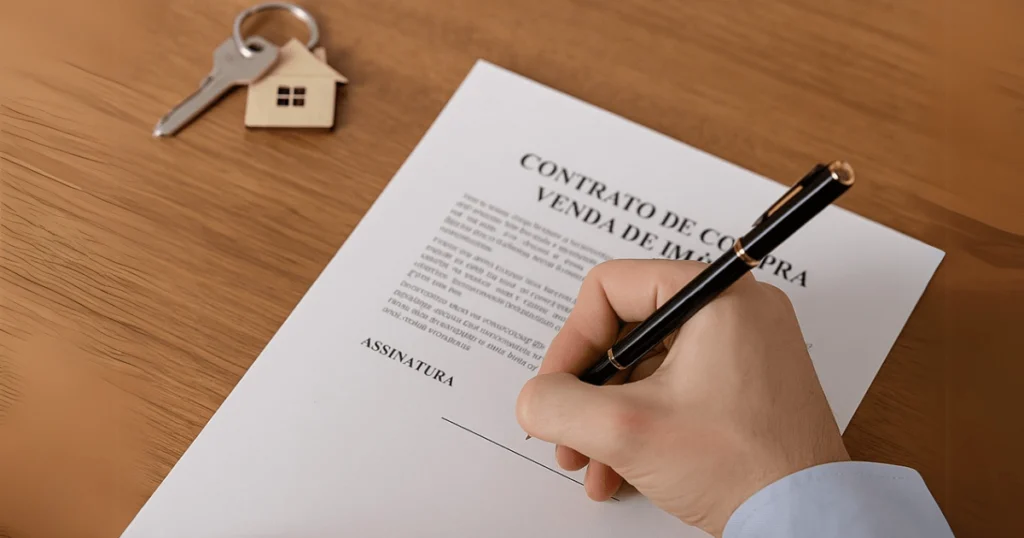 Mão assinando um contrato de compra e venda de imóvel com chave e chaveiro em formato de casa sobre a mesa de madeira.