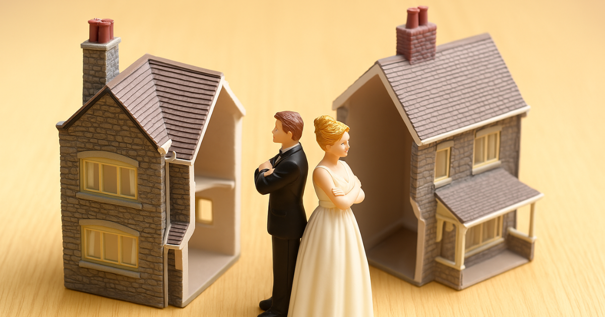 Miniaturas de casal separado em frente a uma casa dividida ao meio, representando a situação de abandono do lar e a possibilidade de usucapião familiar pelo cônjuge que permaneceu no imóvel.