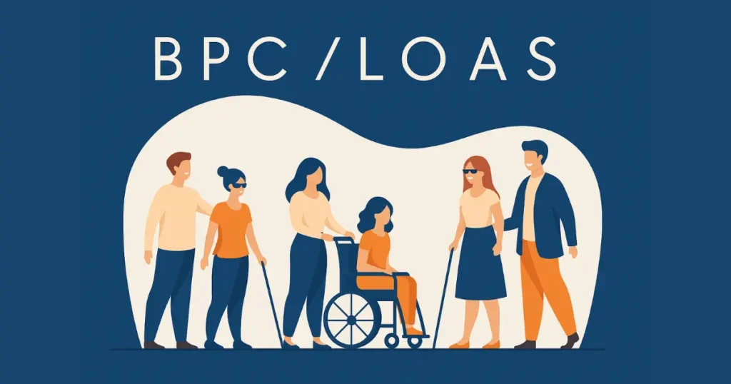 Ilustração colorida com pessoas com deficiência visual, física e em cadeira de rodas, representando o público que pode ter direito ao BPC LOAS