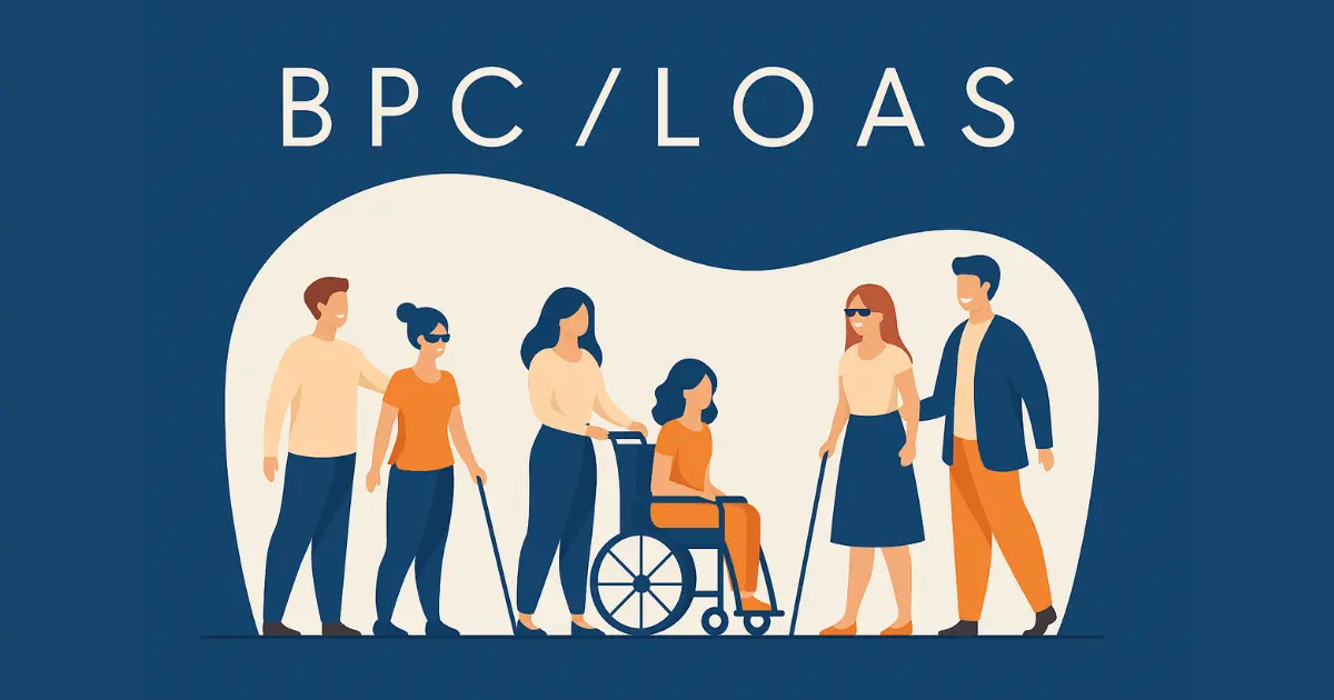 Ilustração colorida com pessoas com deficiência visual, física e em cadeira de rodas, representando o público que pode ter direito ao BPC LOAS