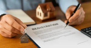 Pessoa segurando chave com chaveiro de casa e assinando um contrato de registro de imóvel em uma mesa, com miniatura de imóvel ao fundo.