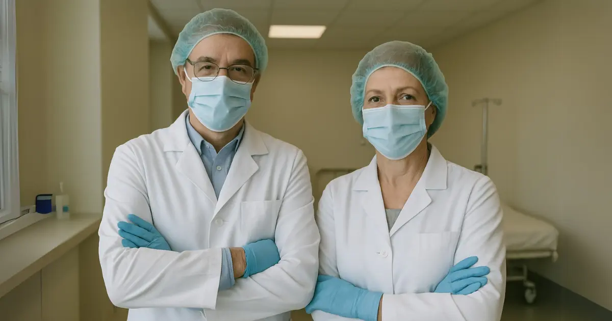 Homem e mulher de meia-idade, usando jaleco, luvas e máscara, representando profissionais da saúde com direito à aposentadoria especial.